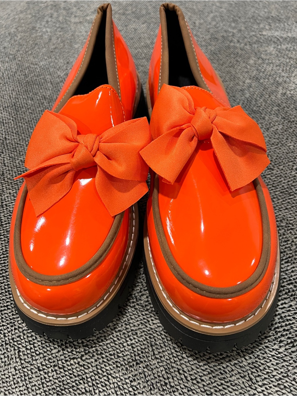 ON SALE!!! Women’s Chunky Orange Patent Leather Bow Loafers with Platform Sole -
